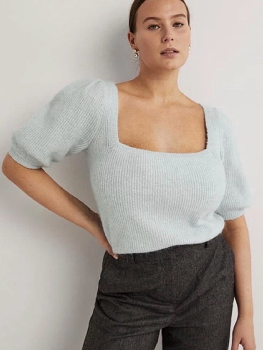 Boden Square Neck Puff Sleeve Knit Top - Light Blue